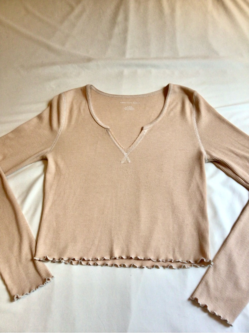 American Eagle Outfitters Beige Ribbed Long-Sleeve Crop Top